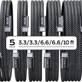 LISEN USB C to USB C Cable [5-Pack, 60W PD Fast Charging] – Reinforced Braided Cord for Samsung Galaxy S25/S24, iPad Pro, MacBook, iPhone 16/15 & More (3.3/3.3/6.6/6.6/10FT)