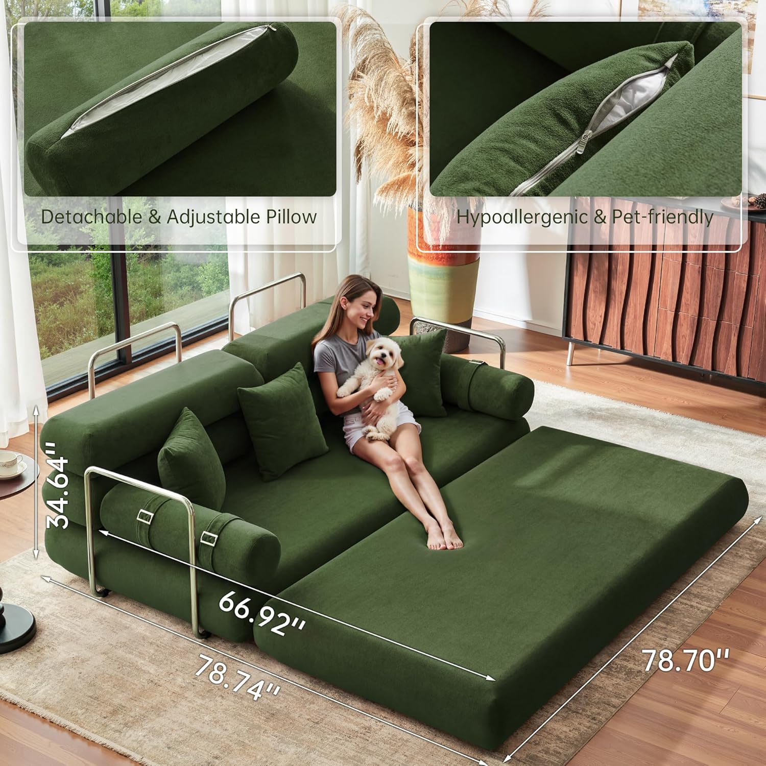 YINIX 35'' High-Back Floor Sofa Bed – Convertible Folding Sleeper Couch with Rounded Armrests – All-Memory Foam Lounge Chair for Living Room & Bedroom (Green)