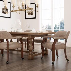 LEEMTORIG Set of 4 Rolling Dining Chairs with Casters - Upholstered Boss Captain's Chairs with Arms and Solid Wood Frame, Cherry & Yellowish Brown