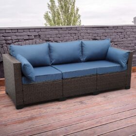 Rattaner 3-Piece Outdoor Patio Wicker Sofa Set – All-Weather Rattan Couch with Steel Frame, Deep Seating & Blue Cushions