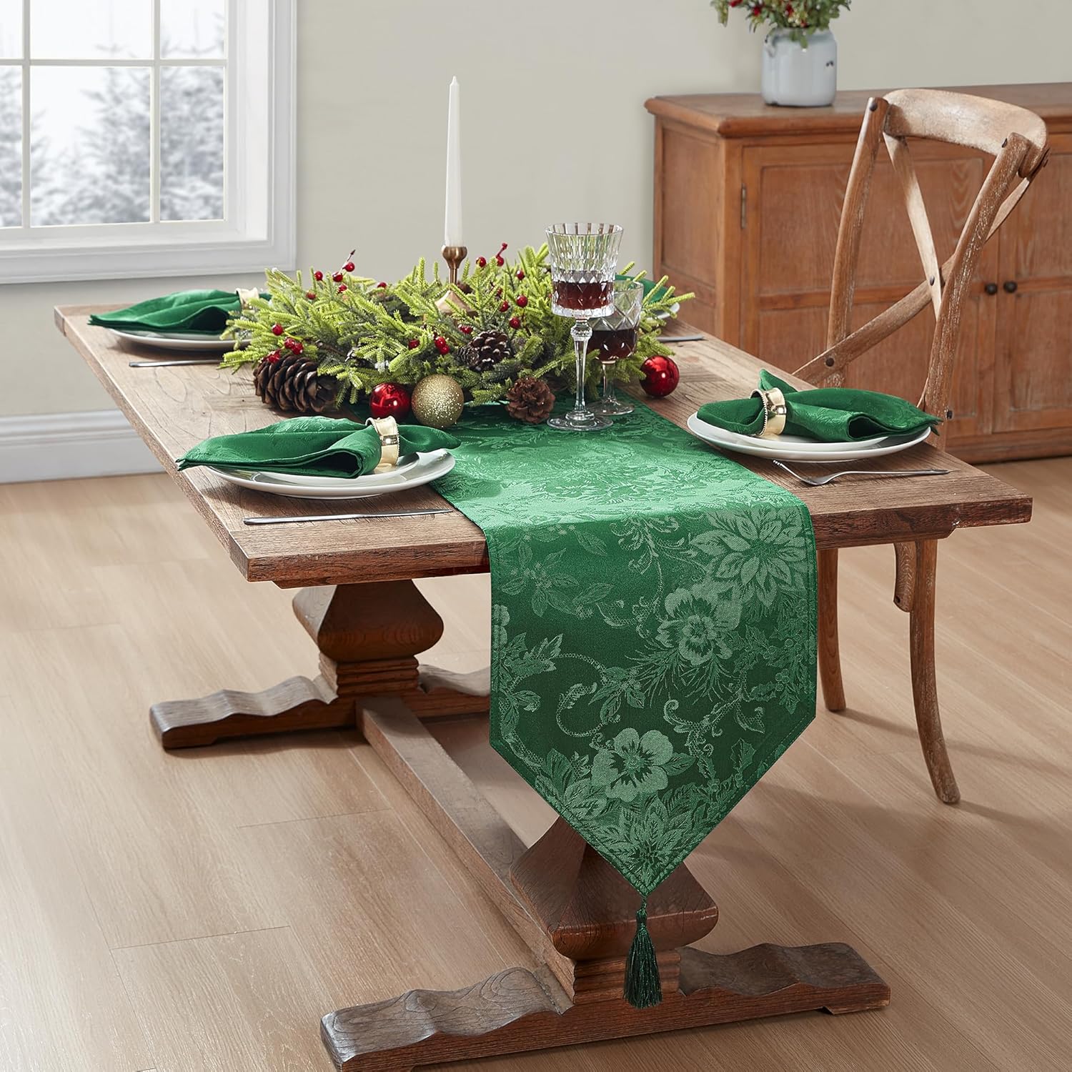 Elrene Home Fashions Poinsettia Elegance Reversible Jacquard Table Runner – 13 x 70 Inch Holiday Table Decoration with Tassels, Green