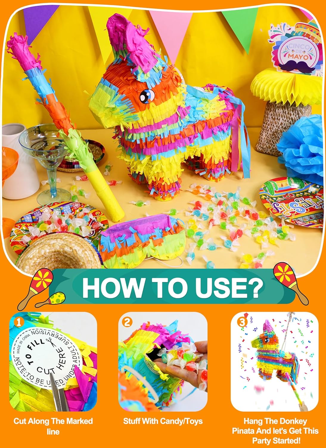 16" Rainbow Donkey Piñata Set with Stick & Blindfold & 6 Mini Table Toppers - Fiesta & Taco Tuesday Party Decorations