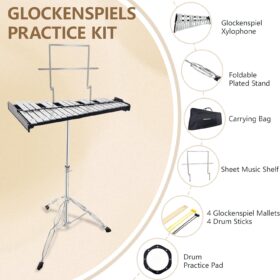 Professional 32-Note Glockenspiel Bell Kit with Adjustable Stand, 8-Inch Drum Practice Pad, and Carry Bag – All-in-One Percussion Set for Students and Band Practice