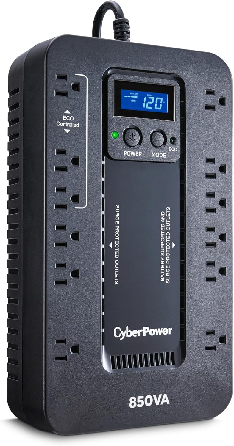CyberPower EC850LCD Ecologic UPS Battery Backup & Surge Protector (850VA/510W) – 12 Outlets, AVR, LCD Display, and ECO Mode