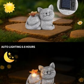 Solar Cat Garden Statue with LED Butterfly – 5-Inch Waterproof Outdoor Resin Figurine for Patio, Yard & Lawn Decor