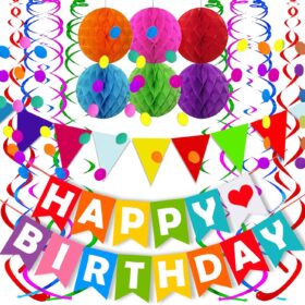 FECEDY Complete Happy Birthday Decoration Kit: Includes Honeycomb Balls, Confetti Garland, Triangle Bunting & Swirl Streamers for Kids & Adults Party Supplies
