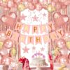 Lutools Rose Gold Birthday Decorations Kit – Complete Party Set with Banner, Foil Curtains, Confetti Balloons, Hanging Swirls, and Cupcake Toppers for Girls & Women
