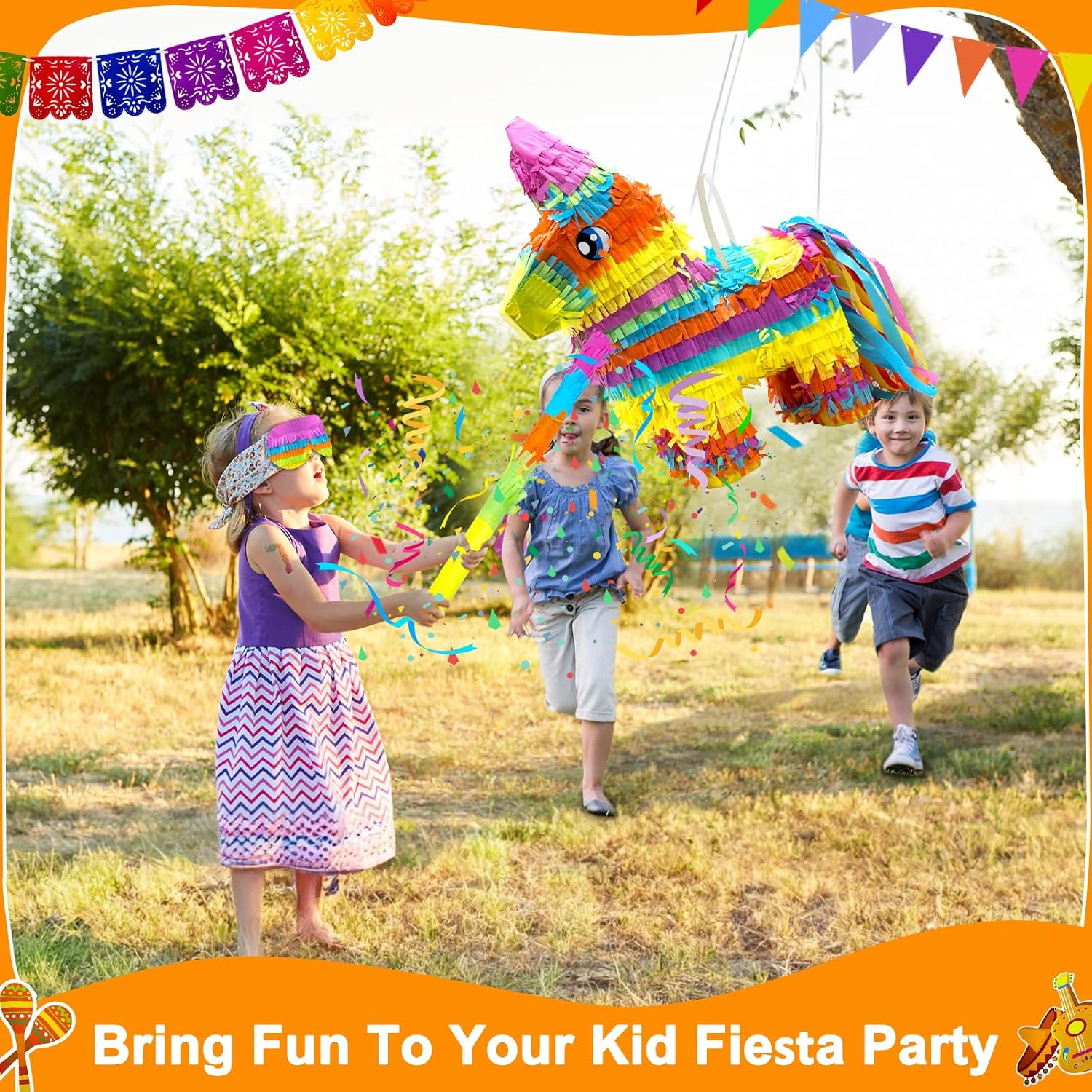 16" Rainbow Donkey Piñata Set with Stick & Blindfold & 6 Mini Table Toppers - Fiesta & Taco Tuesday Party Decorations