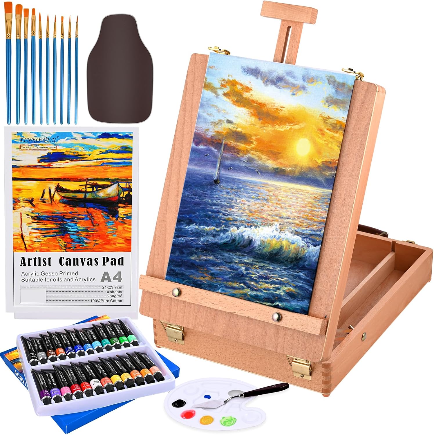 All-in-One Tabletop Easel Acrylic Paint Set – 40-Piece Portable Art Kit with Wooden Easel Box, 24 Colors, Brushes, Canvases & Accessories – Ultimate Beginner & Artist Gift