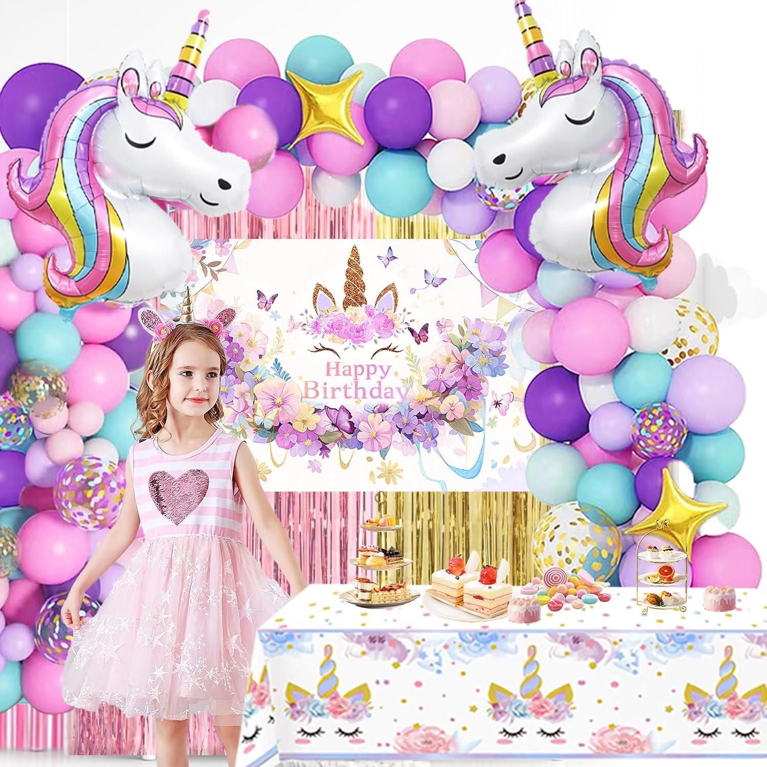 Unicorn Party Decorations Kit - 135-Piece Mega Set with 3D Foil Balloons, Backdrop, Table Cover, Tassel Curtains & Arch Garland Supplies - Magical Pink, Rose Gold, Purple Birthday Theme