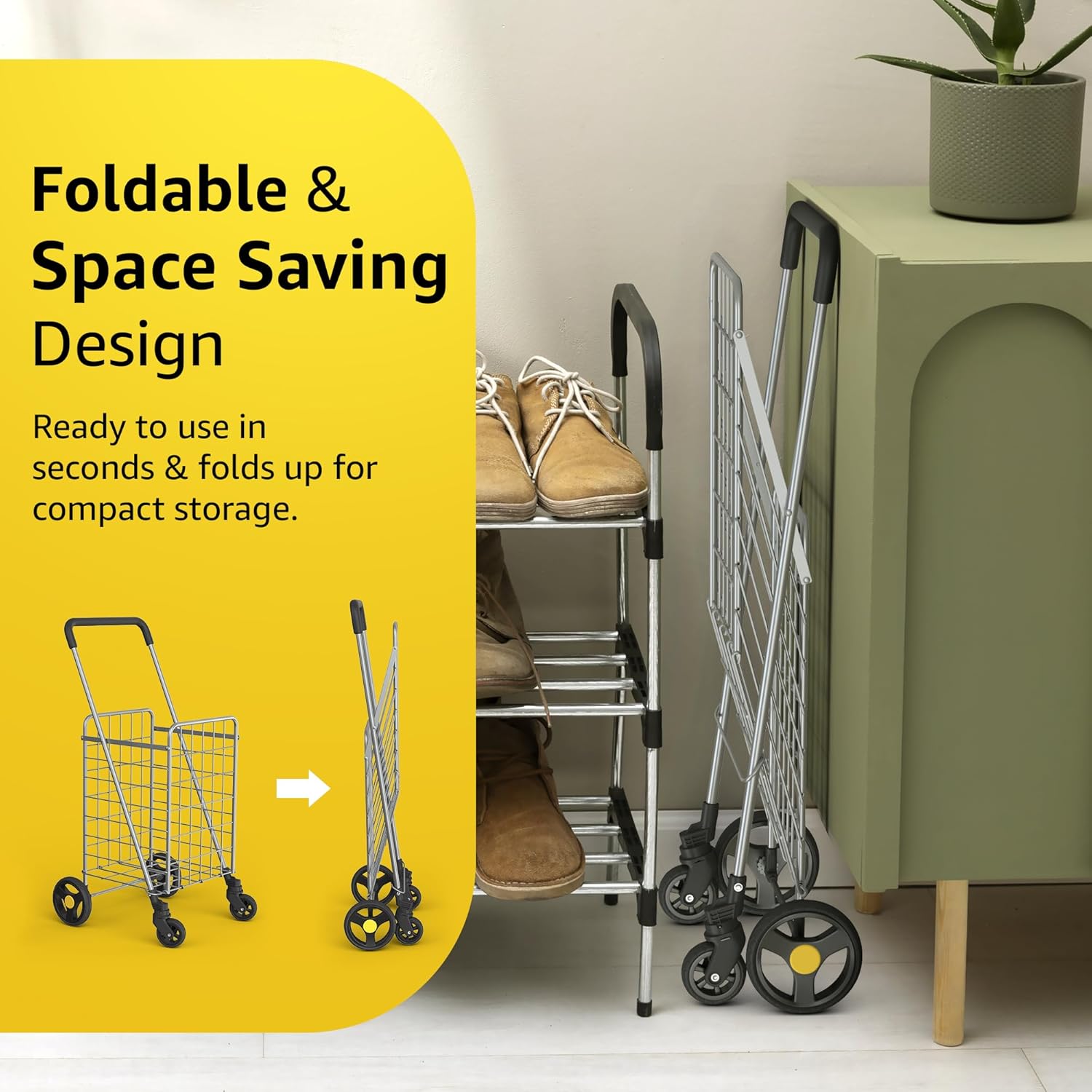 VersaHaul Heavy-Duty Folding Shopping Utility Cart with 360° Swivel Wheels - Lightweight, Collapsible Grocery & Laundry Cart - Silver