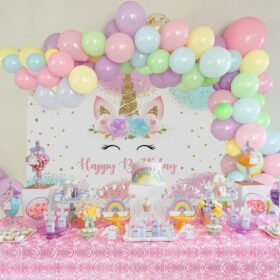Mocsicka Unicorn Backdrop for Girls Birthday Party Decorations - 5x3ft Pastel Rainbow Photography Banner with Glitter Stars & Dots
