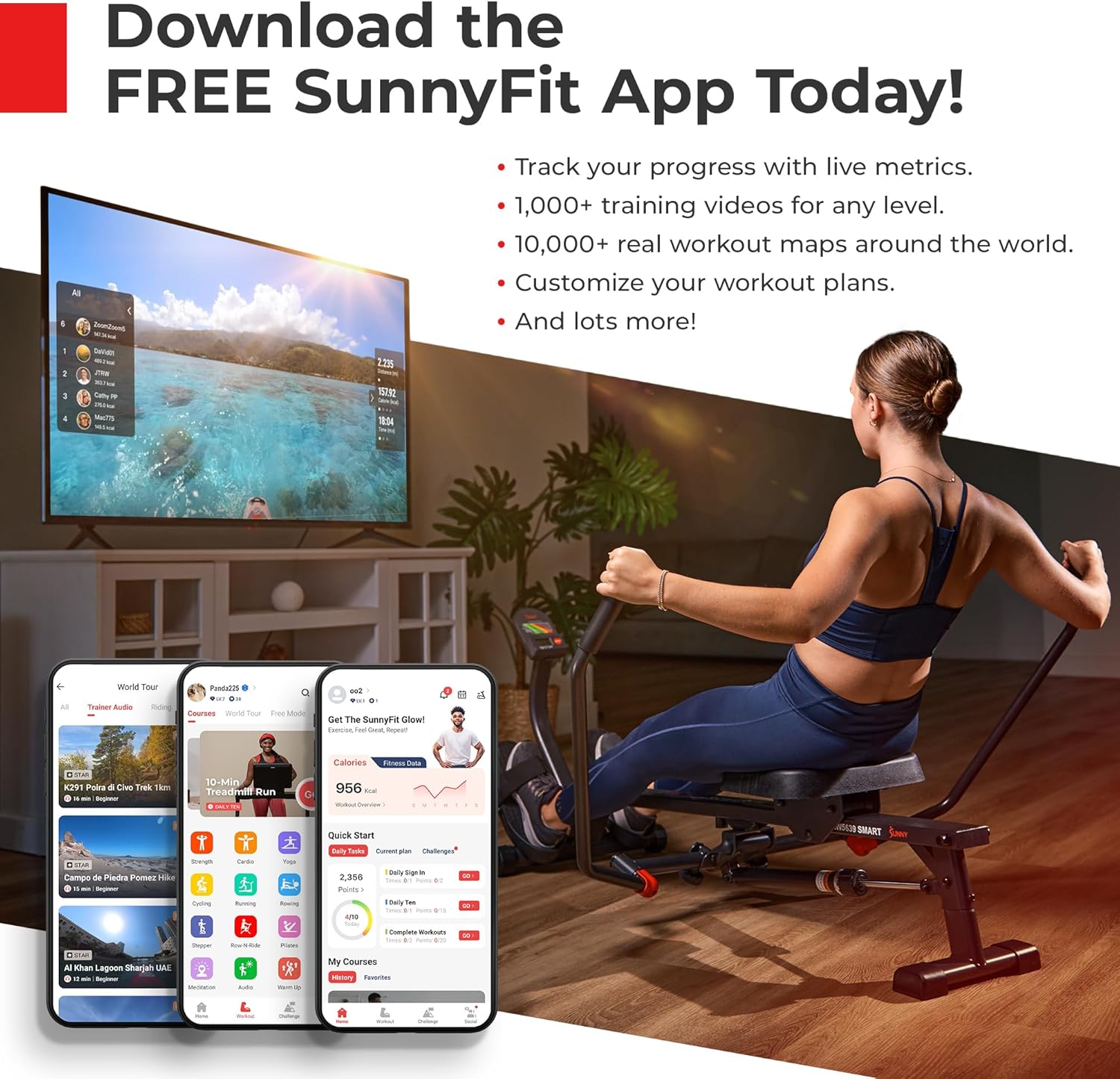 Sunny Health & Fitness Water Rowing Machine – Foldable Rower with Extended Slide Rail, LCD Performance Monitor, & SunnyFit App for Home Cardio