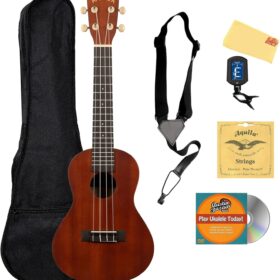 Kala MK-C Makala Concert Ukulele Bundle – Mahogany Starter Kit with Gig Bag, Clip-On Tuner, Aquila Strings, Strap, Polishing Cloth, Austin Bazaar DVD & Online Lessons