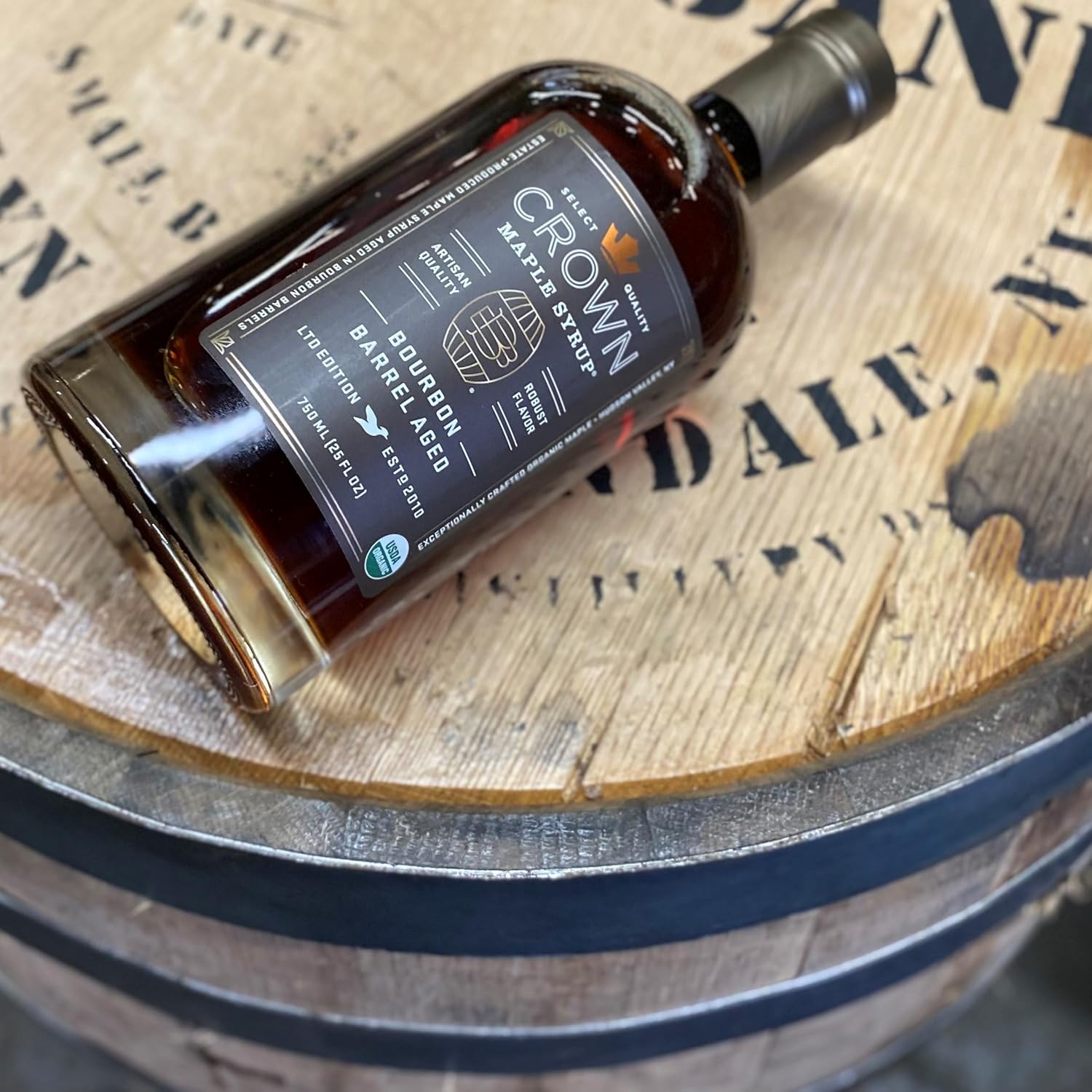 Crown Maple Bourbon Barrel Aged Organic Maple Syrup - 25 Fl Oz - 100% Pure, Grade A Dark Color & Rich Taste - Perfect for Pancakes, Waffles, Coffee, Cocktails, and Glazes