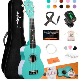 ADM 21 Inch Soprano Ukulele Beginner Kit - Mint Green Hawaiian Wood Starter Pack with Gig Bag, Tuner, Strap, Free Online Lessons & Accessories