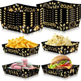24-Pack Black & Gold 2026 New Year's Eve Party Food Trays - Disposable Paper Snack Boats for Hot Dogs, Tacos, Fries & Popcorn