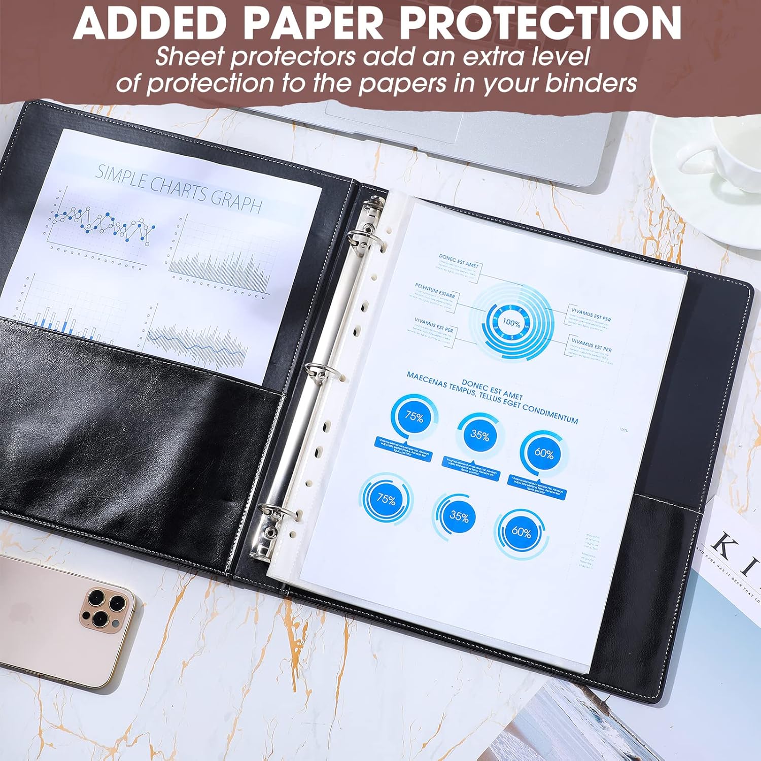 Yexiya 4-Pack Vintage Leather 3-Ring Binders – Hardback Portfolio Organizer with Pockets for Office, School, and Business Planning (1 Inch, Black, 13 x 10 Inch)