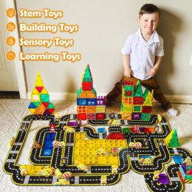 102 PCS Magnetic Tiles Construction Set – Road Tracks, Cars & Dolls – STEM Building Toys for Boys & Girls