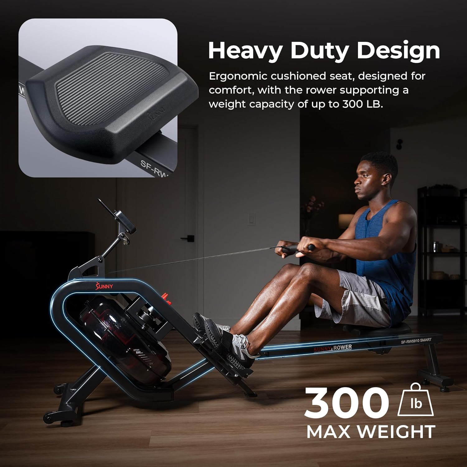 Sunny Health & Fitness Water Rowing Machine – Foldable Rower with Extended Slide Rail, LCD Performance Monitor, & SunnyFit App for Home Cardio