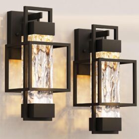 PARTPHONER Modern Outdoor Wall Sconce Set - 15 inch Waterproof Exterior Porch Light with Seeded Water Glass, E26 Socket & Bulb Included, Matte Black Garage & Entryway Lighting (2 Pack)