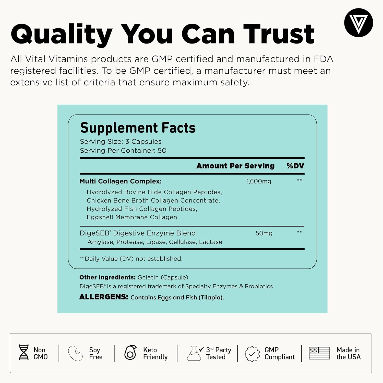 Vital Vitamins Multi Collagen Complex - 5 Types (I, II, III, V, X) Hydrolyzed Peptides for Women & Men - Supports Hair, Skin, Nails, Joints & Gut - Grass Fed, Non-GMO - 150 Capsules