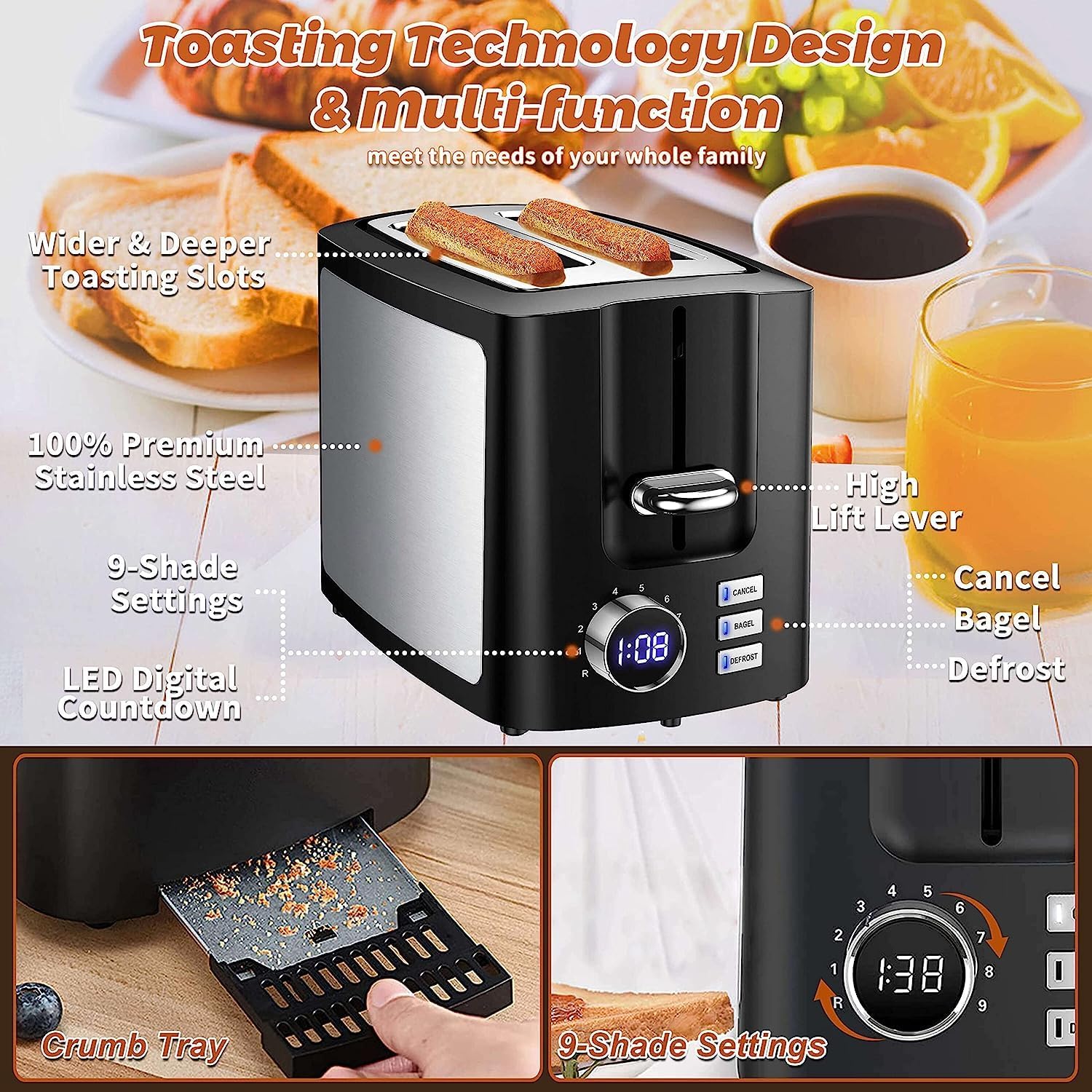 2 Slice Digital Toaster with LCD Timer - 1.5 Inch Wide Slot Stainless Steel Smart Bread Toaster with Bagel, Defrost, Cancel, Reheat Modes, Removable Crumb Tray & 9 Browning Settings for Home Kitchen
