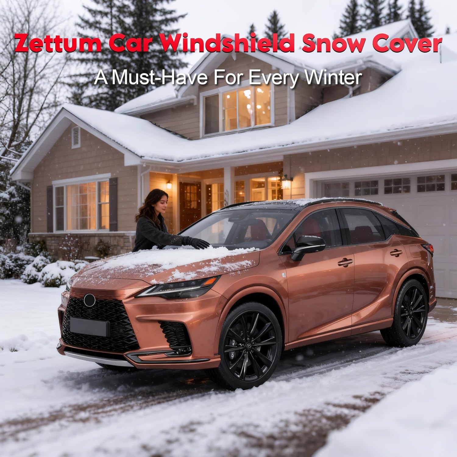 Zettum 600D Heavy Duty Windshield Snow Cover for Ice & Frost – All-Weather Waterproof Car Window Protector with Side Mirror Pockets (70" x 50")
