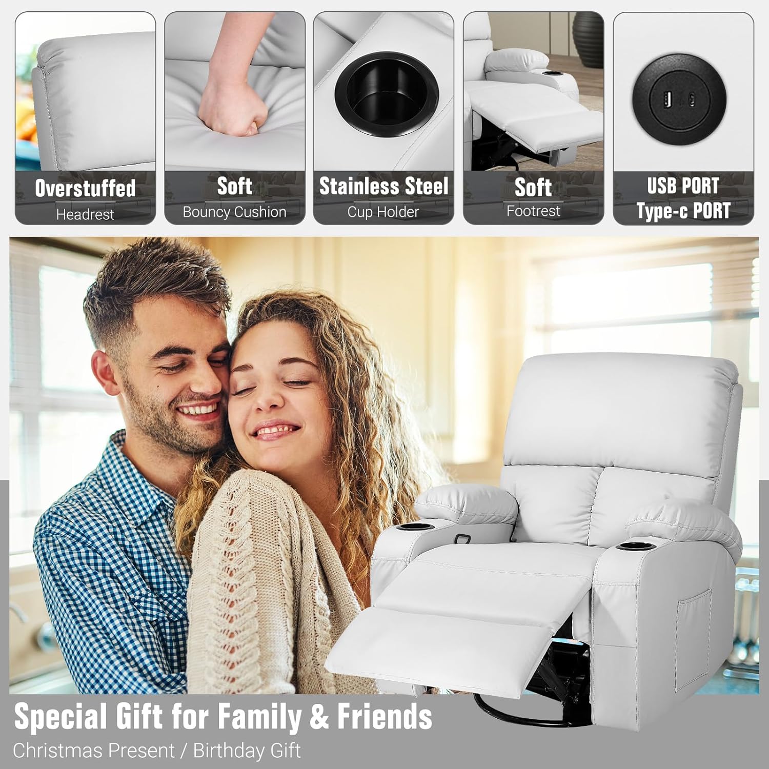 LEVELEVE Swivel Rocker Recliner with Heat & Massage - 360° Faux Leather Chair with USB & Type-C Ports, Light Grey