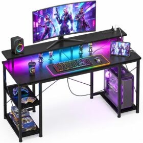 ODK 48-Inch Gaming Desk with LED Lights & Power Outlets – E1 Grade Workstation with Monitor Shelf, CPU Stand, and Hook, Modern Home Office Computer Table (Black)