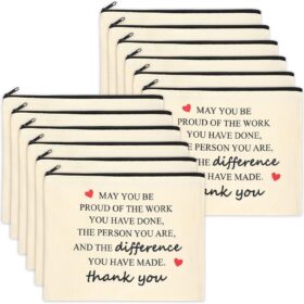Coume 12-Pack Inspirational Makeup Bags – Bulk Employee Appreciation Gifts for Women, Coworkers, Nurses & Teachers – Canvas Cosmetic Pouches with 'Thank You' Quote