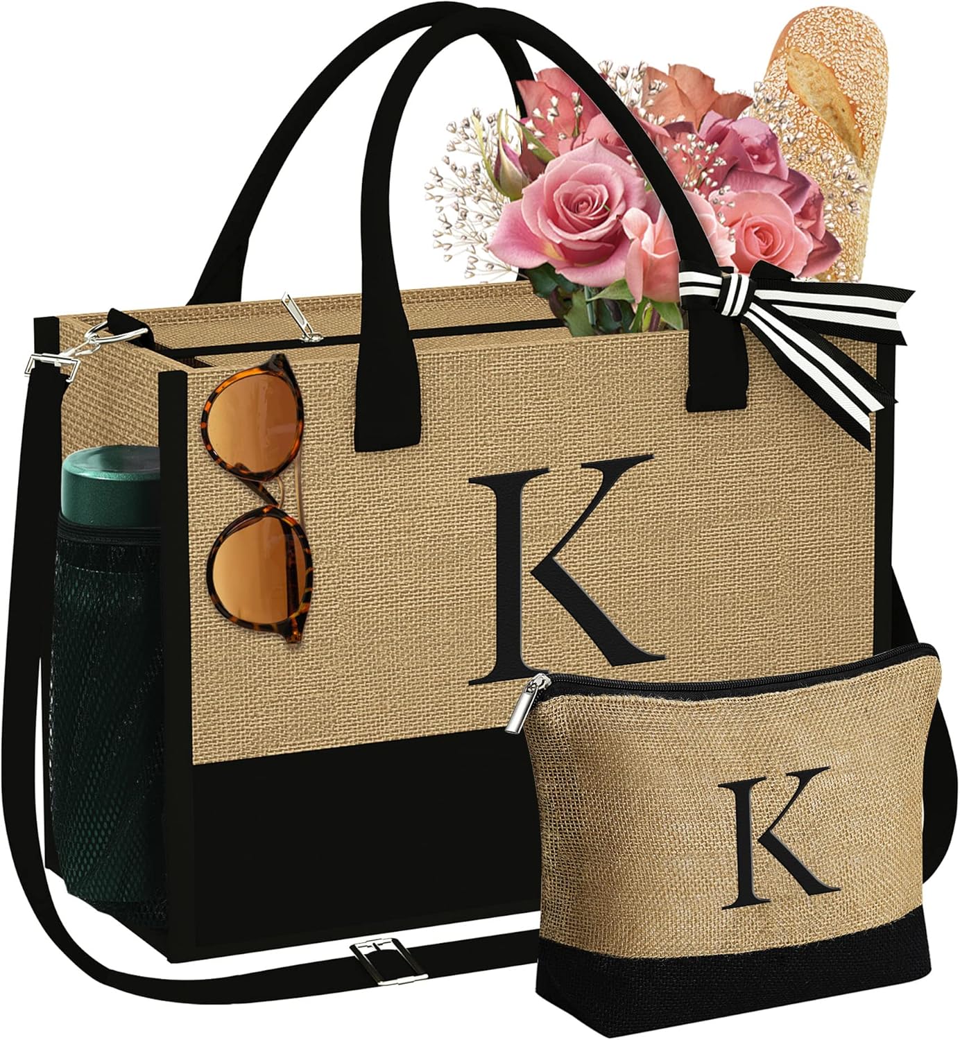 YOOLIFE Initial Jute Tote & Makeup Bag Set – Personalized Valentines Day, Birthday & Teacher Gifts for Her