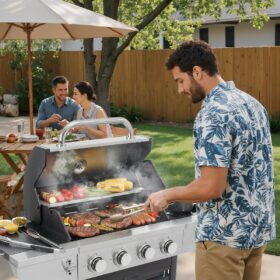 Heavy-Duty 4-Burner Propane Gas Grill with Side Burner – 46,500 BTU Stainless Steel Outdoor BBQ & Enameled Cast Iron Grates for Patio & Backyard