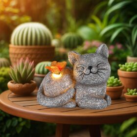 Solar Cat Garden Statue with LED Butterfly – 5-Inch Waterproof Outdoor Resin Figurine for Patio, Yard & Lawn Decor