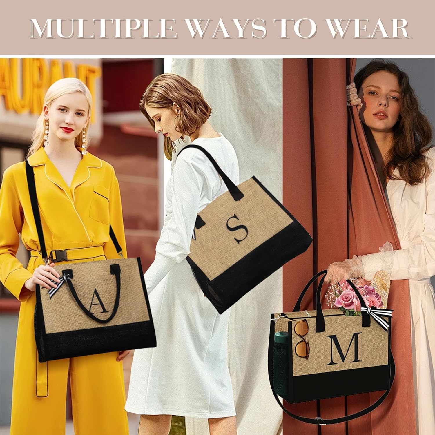 YOOLIFE Initial Jute Tote & Makeup Bag Set – Personalized Valentines Day, Birthday & Teacher Gifts for Her