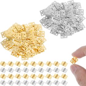 100Pcs Mini Brass Hinges with Screws - 8x10mm Small Gold & Silver Hardware for Jewelry Boxes, Miniature Furniture, Cabinet & DIY Crafts