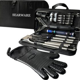 25-Piece Premium Stainless Steel BBQ Grill Accessories Set - Heavy-Duty Barbecue Tool Kit with Heat Resistant Glove, Bristle-Free Brush, Meat Injector & Case