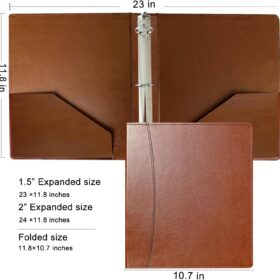 BEAUTYUS Vintage Leather 3-Ring Binder – 2-Inch Round Ring Organizer for Letter Size Paper – Premium Faux Leather Portfolio with Interior Pockets for Office & Business (Brown, 2 Inch)