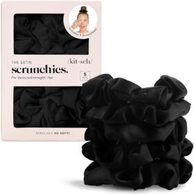 Kitsch Satin Hair Scrunchies – No Crease, Frizz-Free Hair Ties for Women & Girls (5-Pack, Black)