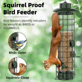 Green Metal Squirrel Proof Bird Feeder with Gravity Protection - 3LB Capacity Wild Seed Station for Finches, Cardinals & Chickadees