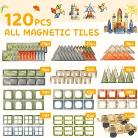 HarworLife 120-Piece Diamond Magnetic Tiles Set – STEM Educational Building Blocks with 2 Cars, Sensory Montessori Construction Toys for Toddlers & Kids Ages 3-8