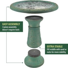 Arcadia Garden Products 20-Inch Fiberclay Bird Bath - Antique Green Outdoor Garden Pedestal, Lightweight & Weather Resistant