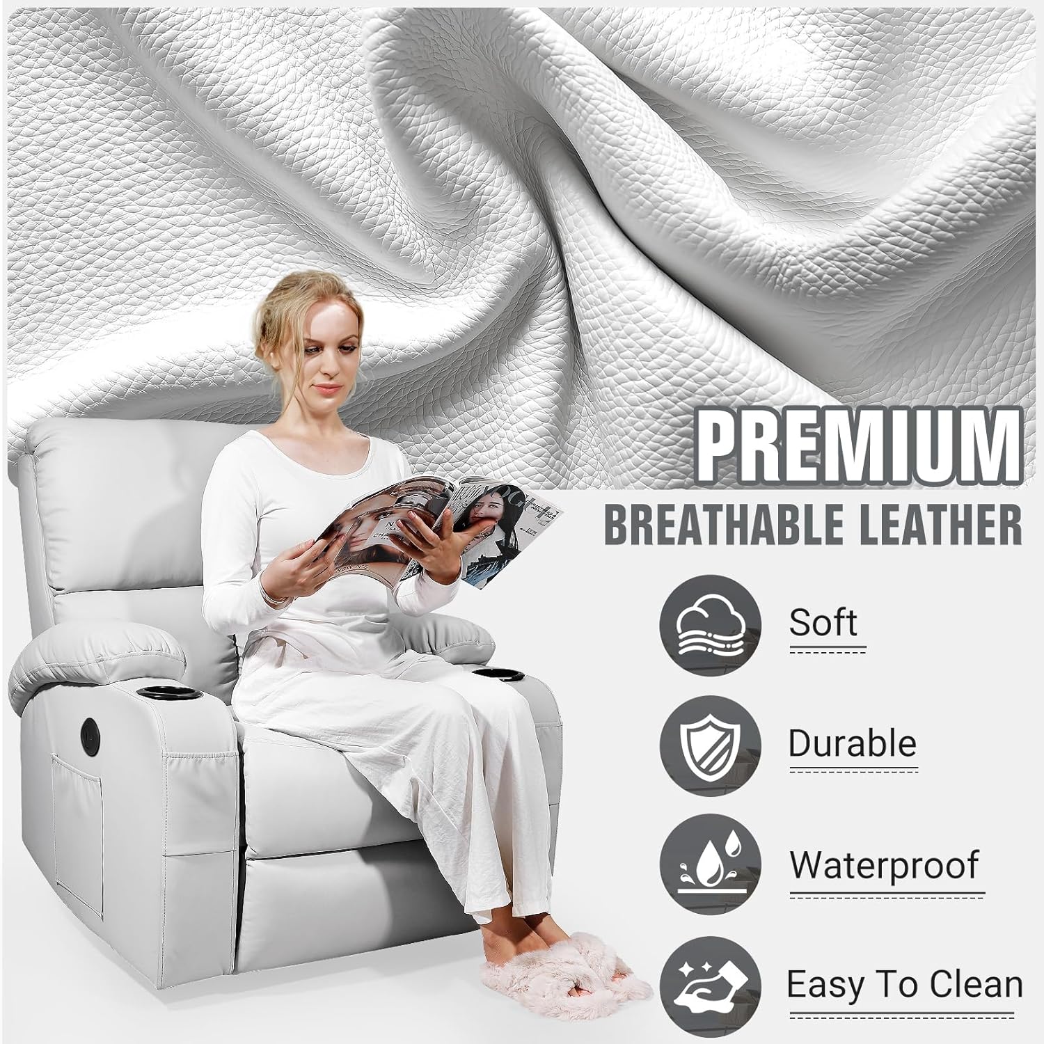 LEVELEVE Swivel Rocker Recliner with Heat & Massage - 360° Faux Leather Chair with USB & Type-C Ports, Light Grey