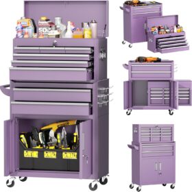 INTERGREAT 42-Inch Rolling Tool Chest with 8 Drawers – Detachable Top Box, Purple Heavy-Duty Steel Tool Cabinet with Liners, Side Hooks & Lockable Storage