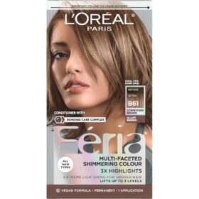 L'Oreal Paris Feria B61 Downtown Brown Hair Color - Hi-Lift Cool Brown with 3X Highlights & Shimmering Conditioner