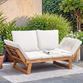 Devoko 3-Position Convertible Outdoor Daybed – Acacia Wood Patio Sofa with Adjustable Armrests, Thick Removable Cushions & Pillows – All-Weather Lounge Chair for Poolside, Porch, and Backyard (White)