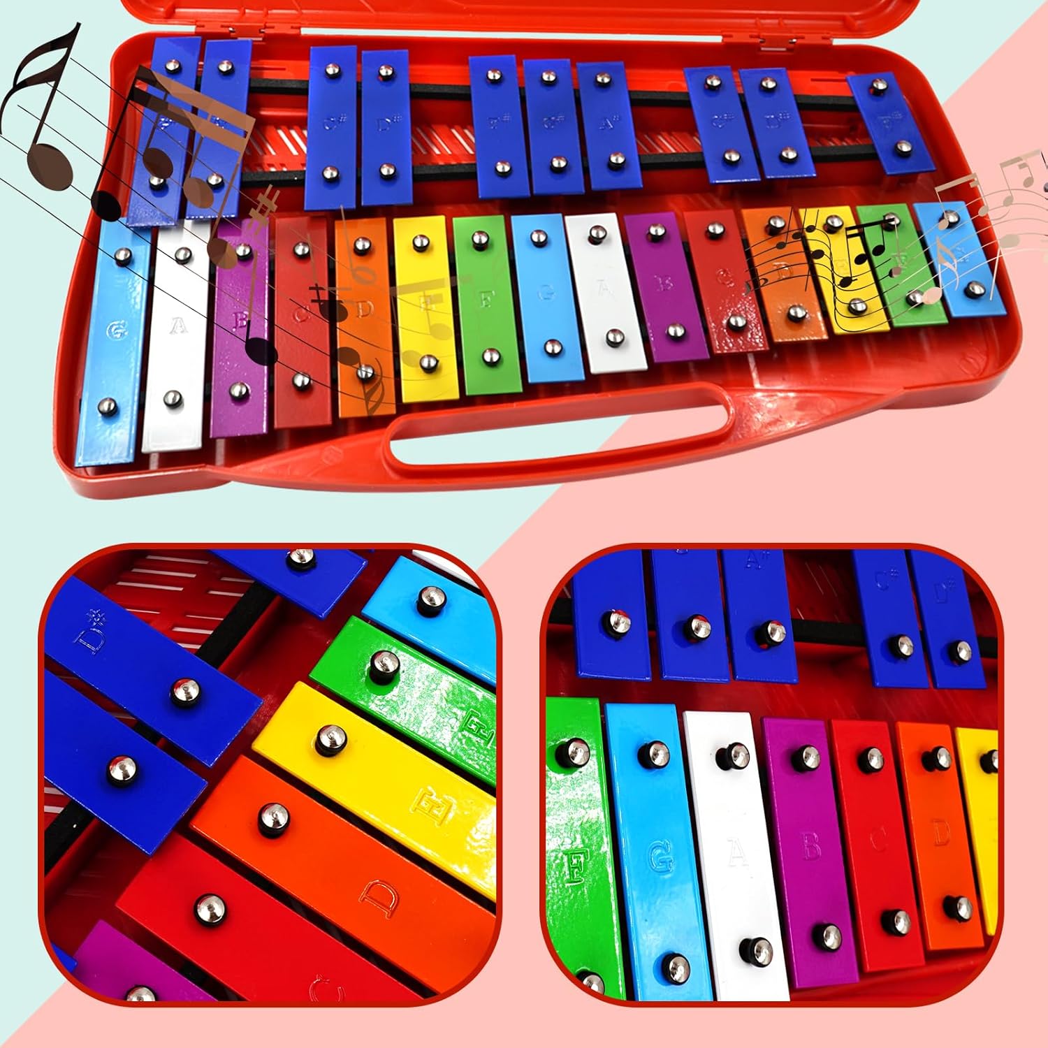 Soulmate 25-Note Glockenspiel Xylophone – Professional Percussion Instrument with 2 Full Octaves, Color-Coded Metal Keys, and Portable Case – Ideal Music Teaching Toy for Kids & Beginners (Red)