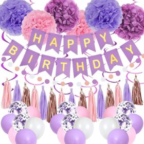 Purple and Pink Birthday Decorations Kit for Women & Girls - Includes Happy Birthday Banner, Tissue Pompoms, Tassel & Circle Dot Garlands, Swirls & 35 Latex Balloons