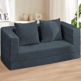 Dark Grey Faux Fur Convertible Bean Bag Sofa – 3-in-1 Folding Floor Couch with Pillows for Adults