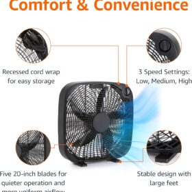 Amazon Basics 20-Inch 3-Speed Box Fan - Lightweight Indoor Electric Cooling Fan with 5 Blades, 67W, Compact Black Design